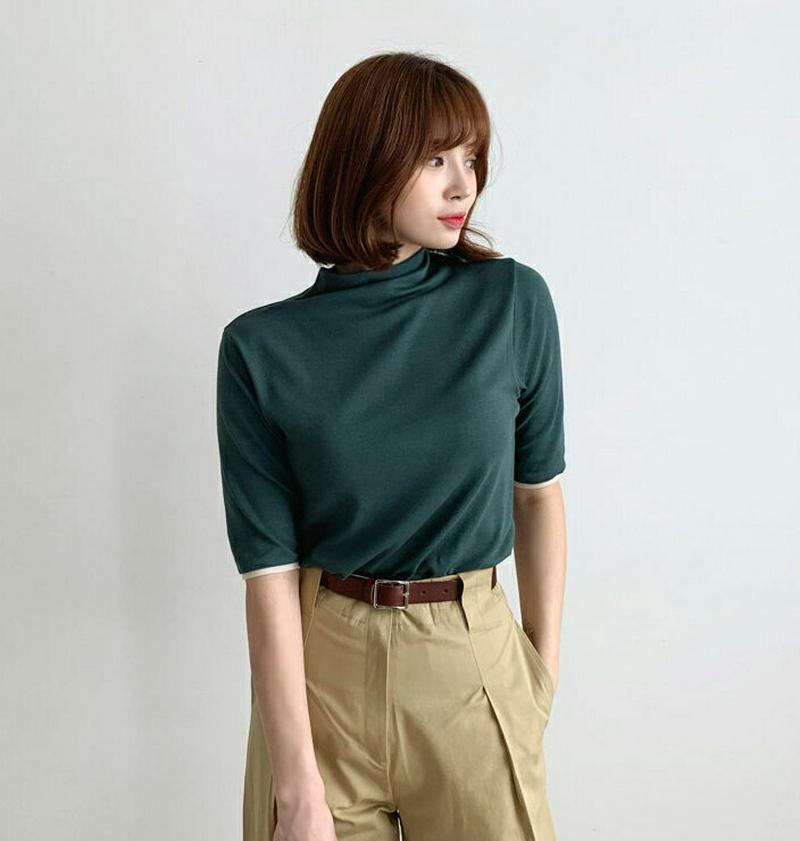 【新作10%OFF】ハーフネック配色Tシャツ・全3色・b60914 レディース【tops】【韓国 ファッション トップス Tシャ