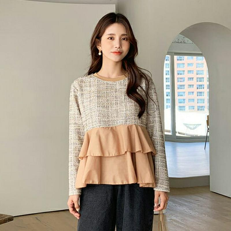 ティアードコントラストTシャツ・全3色・b61092 レディース【tops】【韓国 ファッション トップス Tシャツ ロングスリ