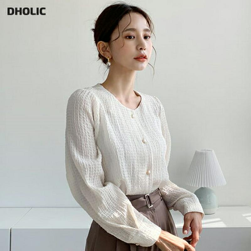パールボタンリンクルブラウス・全3色・t61102 レディース【bl】【韓国 ファッション トップス ブラウス パフスリーブ 長
