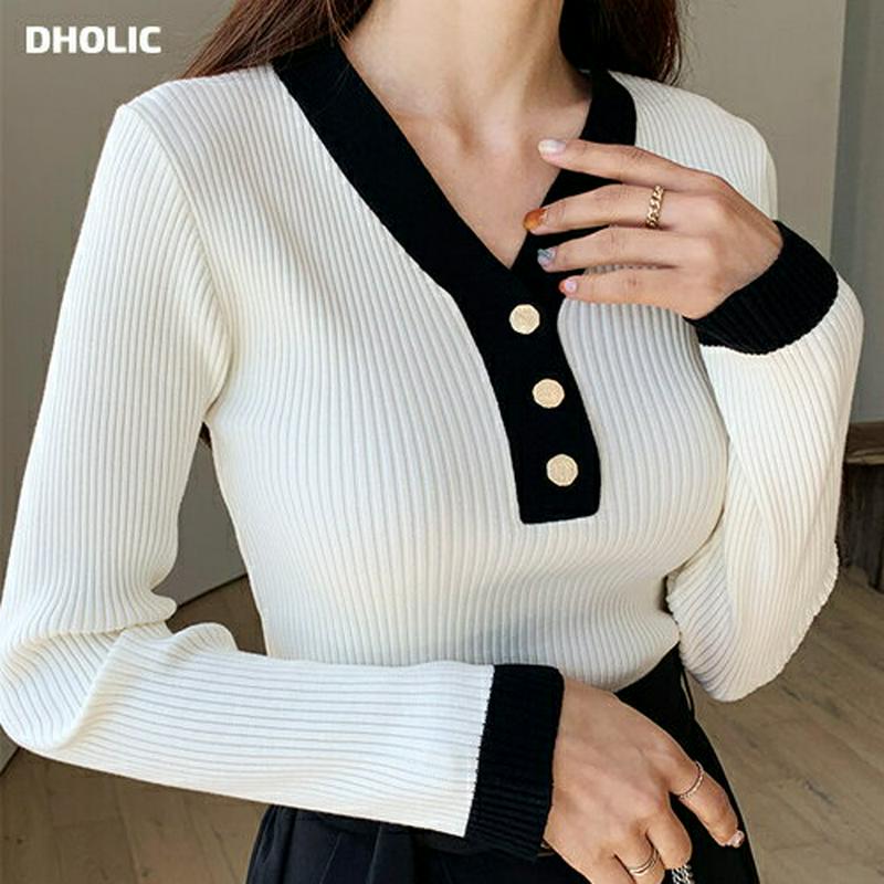 Vネック配色ボタンリブニット・全3色・b61094 レディース【tops】【韓国 ファッション トップス ニット ニットトップス