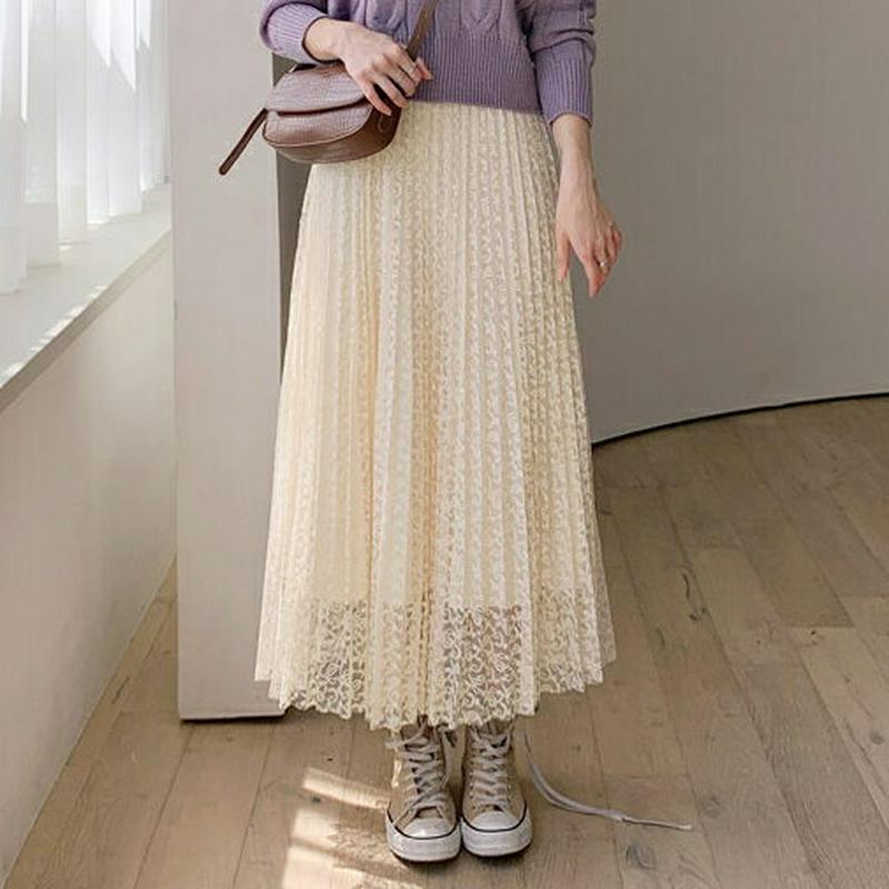 リバーシブルレースプリーツスカート・全2色・b61123 レディース【sk】【韓国 ファッション ボトムス スカート ロング丈 