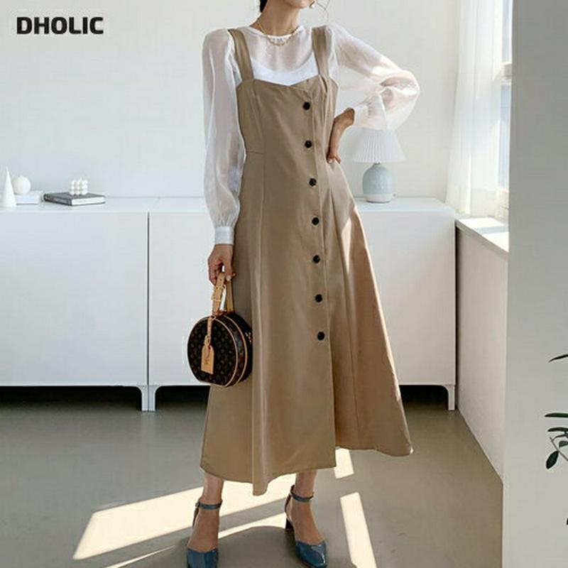 ボタンビスチェワンピース・全2色・t61107 レディース【ops】【韓国 ファッション ワンピース ロングワンピース スリーブ