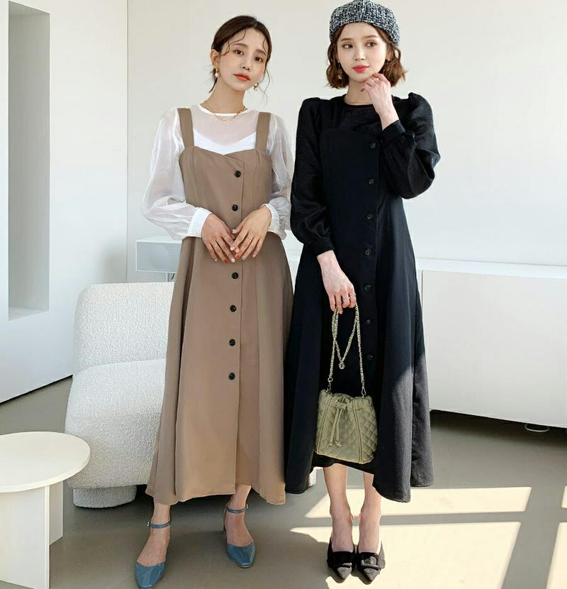 ボタンビスチェワンピース・全2色・t61107 レディース【ops】【韓国 ファッション ワンピース ロングワンピース スリーブ