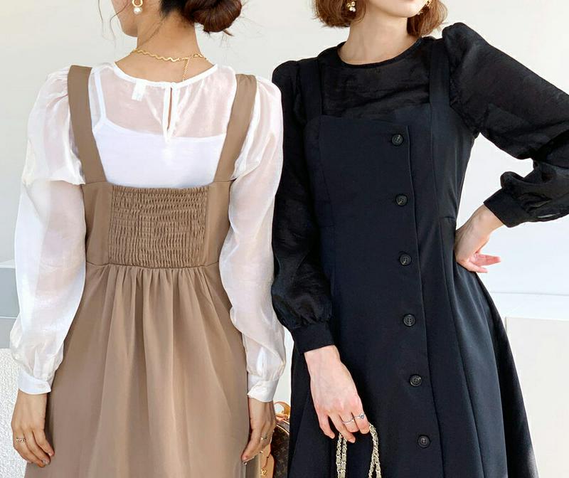 ボタンビスチェワンピース・全2色・t61107 レディース【ops】【韓国 ファッション ワンピース ロングワンピース スリーブ