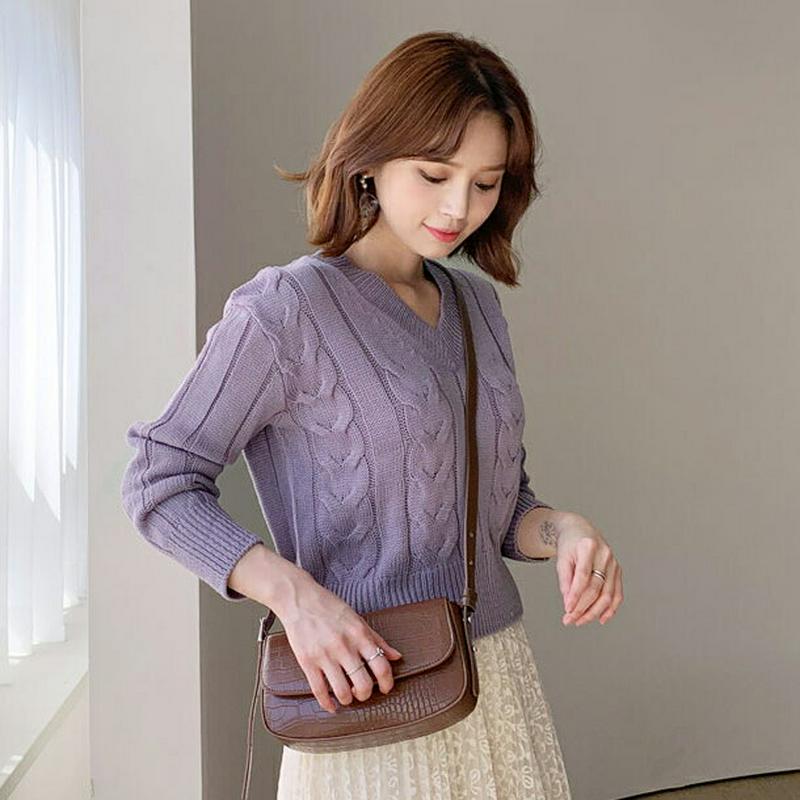 【只今10%OFF】Vネッククロップドツイストニット・全4色・t61095 レディース【tops】【韓国 ファッション トップス ニット ニットトップス ロングスリーブ 長袖 Vネック 鎖骨 クロップド クロップド丈 短丈 ツイスト リブ ツイストニット シンプル 秋 冬】