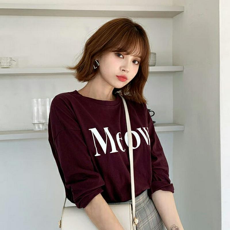 MeowロゴTシャツ・全3色・t61089 レディース【tops】【韓国 ファッション トップス Tシャツ ロングスリーブ 長袖