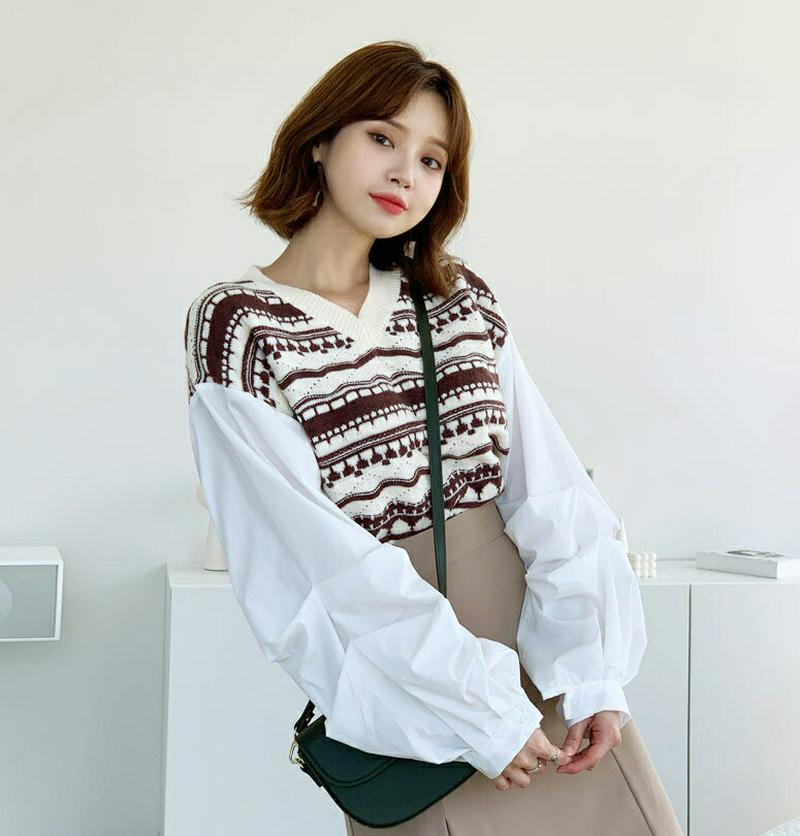 ノルディックコントラストニット・全3色・t61096 レディース【tops】【韓国 ファッション トップス ニット ニットトップス 長袖 ロングスリーブ ノルディック柄 ノルディックニット コントラスト レイヤード タック Vネック カジュアル 短丈 秋 冬】