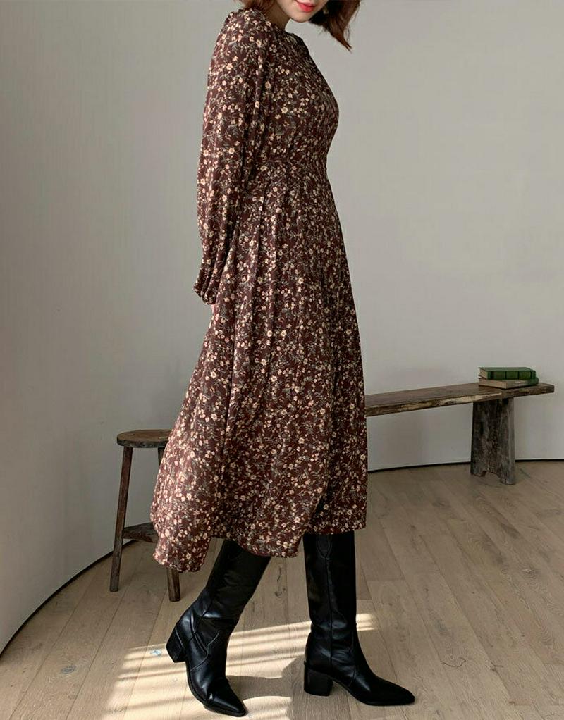 ラウンドネック花柄ワンピース・全3色・b61108 レディース【ops】【韓国 ファッション ワンピース ロングワンピース 花柄