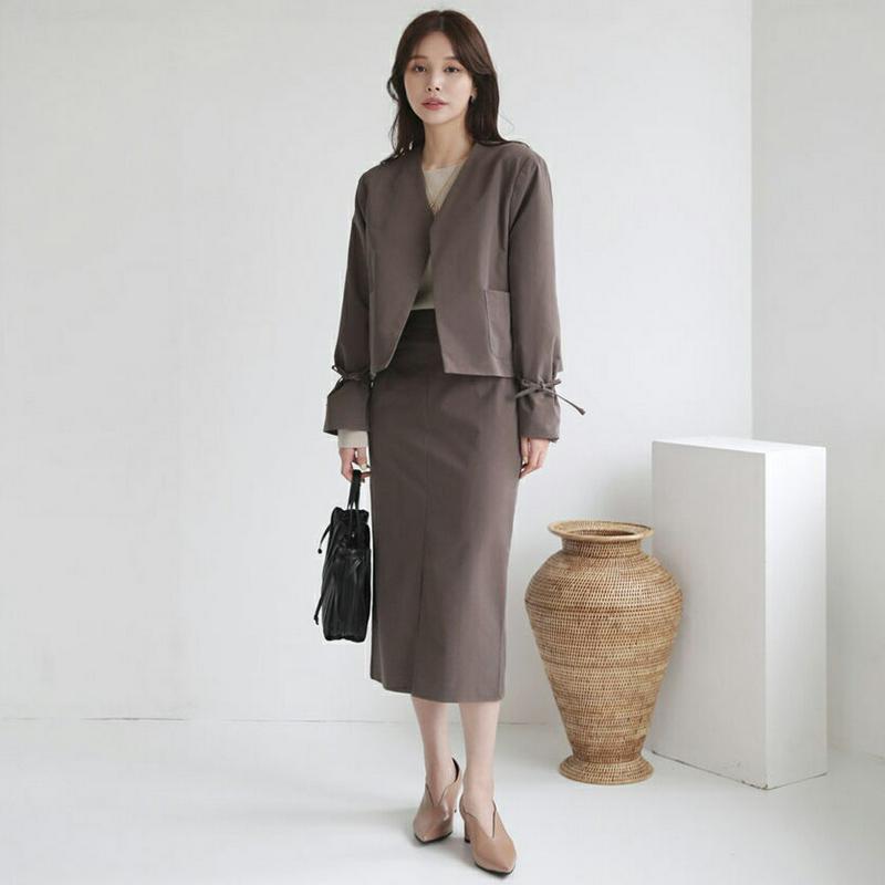 【送料無料】リボンノーカラージャケット&HラインスカートSET・全3色・t64235 レディース【ops】【韓国 ファッション 