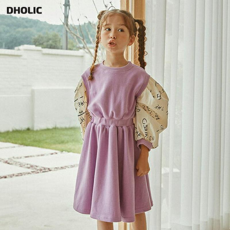 英字ボリュームスリーブワンピース・u06067 キッズ【3~8才】【ops】【ワンピース ミディ丈 ミディワンピース 長袖 ボリ