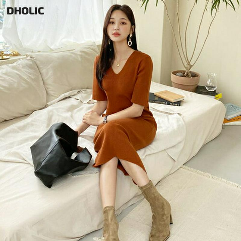 【新作10%OFF】Vネックリブワンピース・全4色・t56882 レディース【ops】【韓国 ファッション ワンピース ロングワ