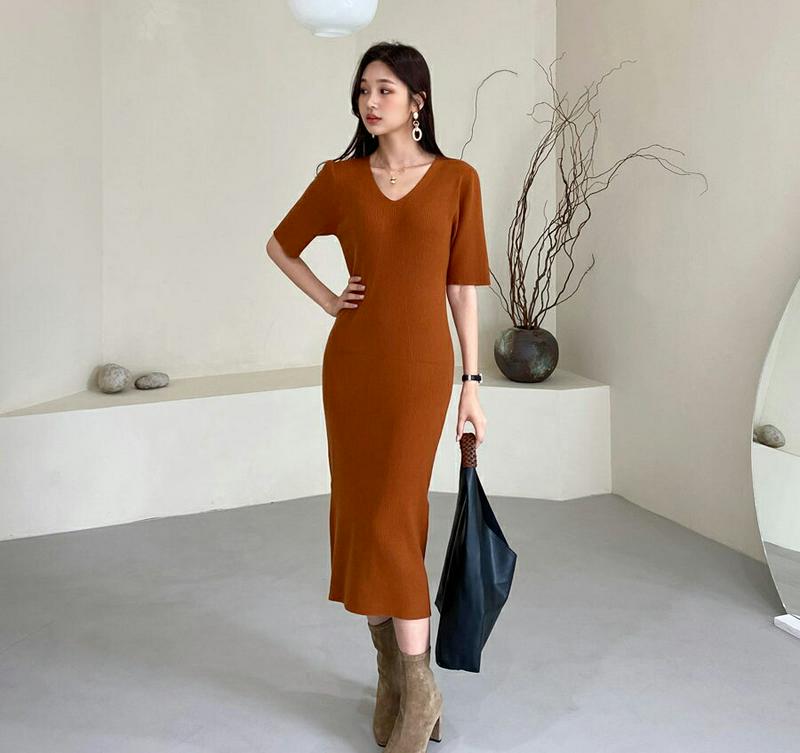 【新作10%OFF】Vネックリブワンピース・全4色・t56882 レディース【ops】【韓国 ファッション ワンピース ロングワ