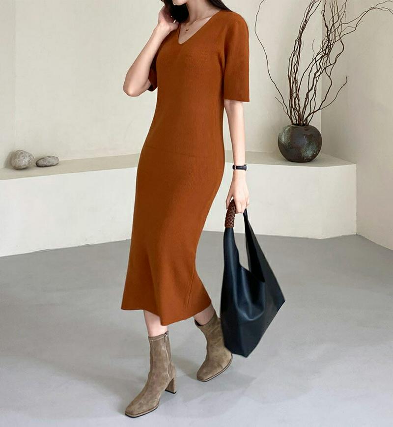 【新作10%OFF】Vネックリブワンピース・全4色・t56882 レディース【ops】【韓国 ファッション ワンピース ロングワ