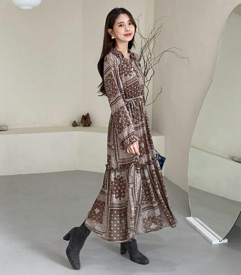 【新作10%OFF】ストラップ付フリルペイズリーワンピース・全2色・b56881 レディース【ops】【韓国 ファッション ワン