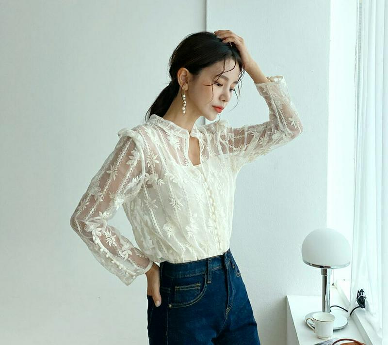 【新作10%OFF】キャミ付刺繍シアーブラウス・全2色・t56912 レディース【bl】【韓国 ファッション トップス ブラウス