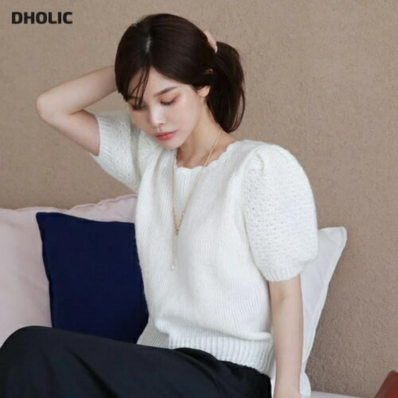 【新作10%OFF】スカラップネックパフニット・全2色・b64185 レディース【tops】【韓国 ファッション トップス ニッ