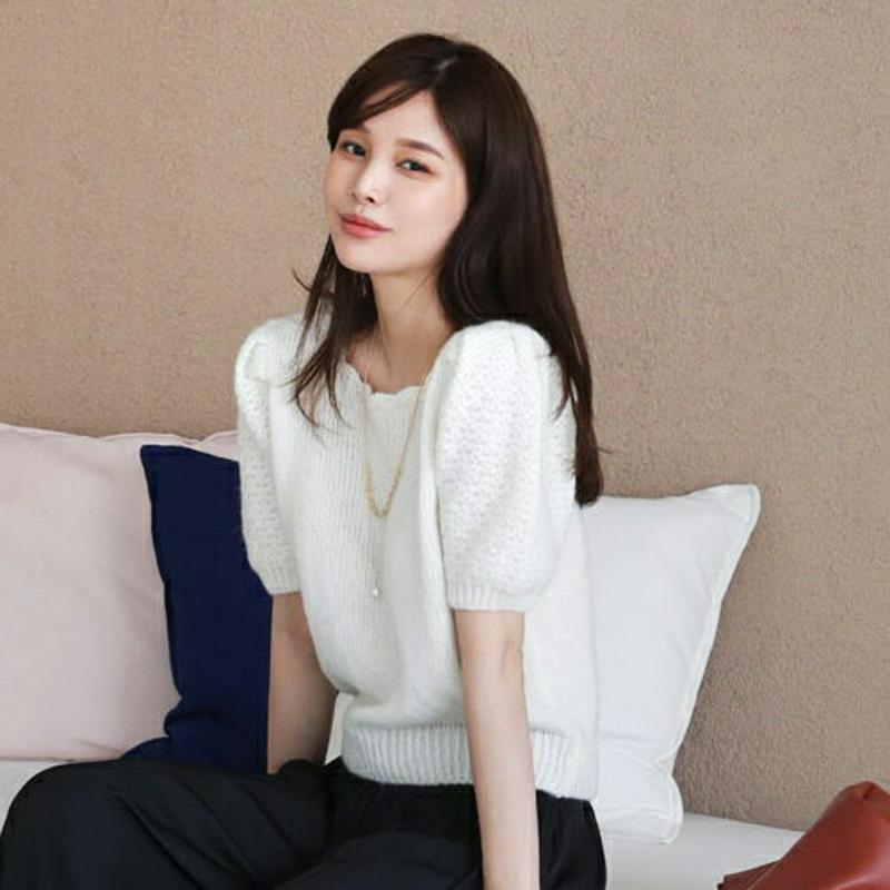 【新作10%OFF】スカラップネックパフニット・全2色・b64185 レディース【tops】【韓国 ファッション トップス ニッ