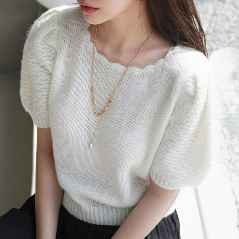 【新作10%OFF】スカラップネックパフニット・全2色・b64185 レディース【tops】【韓国 ファッション トップス ニッ