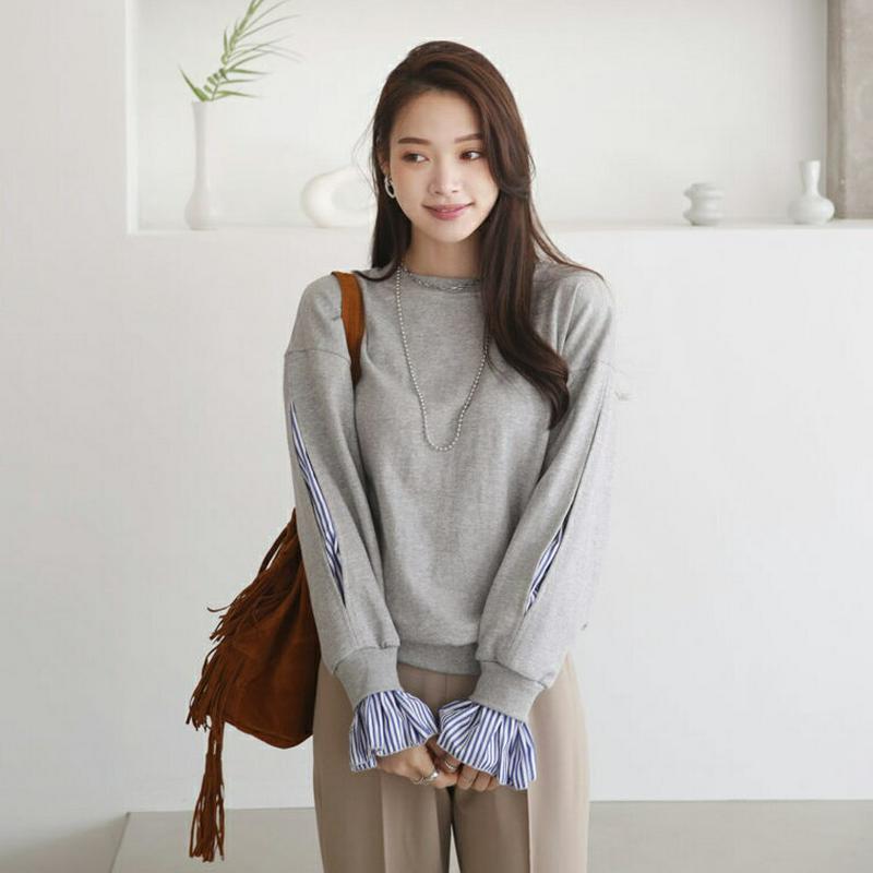 【SUPER SALE・700円OFF】≪人気商品再入荷≫スリットストライプスリーブスウェット・全3色・b64195 レディース【tops】 韓国ファッション トップス スウェット 長袖 ラウンドネック スリット ストライプ柄 レイヤード風 シンプル プルオーバー ラフ 秋 冬 HIHOLLI