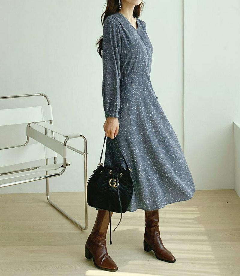 【新作10%OFF】リボンVネックドットワンピース・全2色・e56874 レディース【ops】【韓国 ファッション ワンピース 