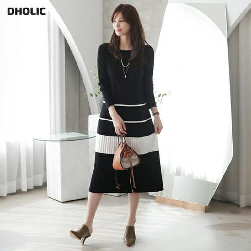 【新作10%OFF】ニット配色プリーツワンピース・全2色・b64206 レディース【ops】【韓国 ファッション ワンピース ロ