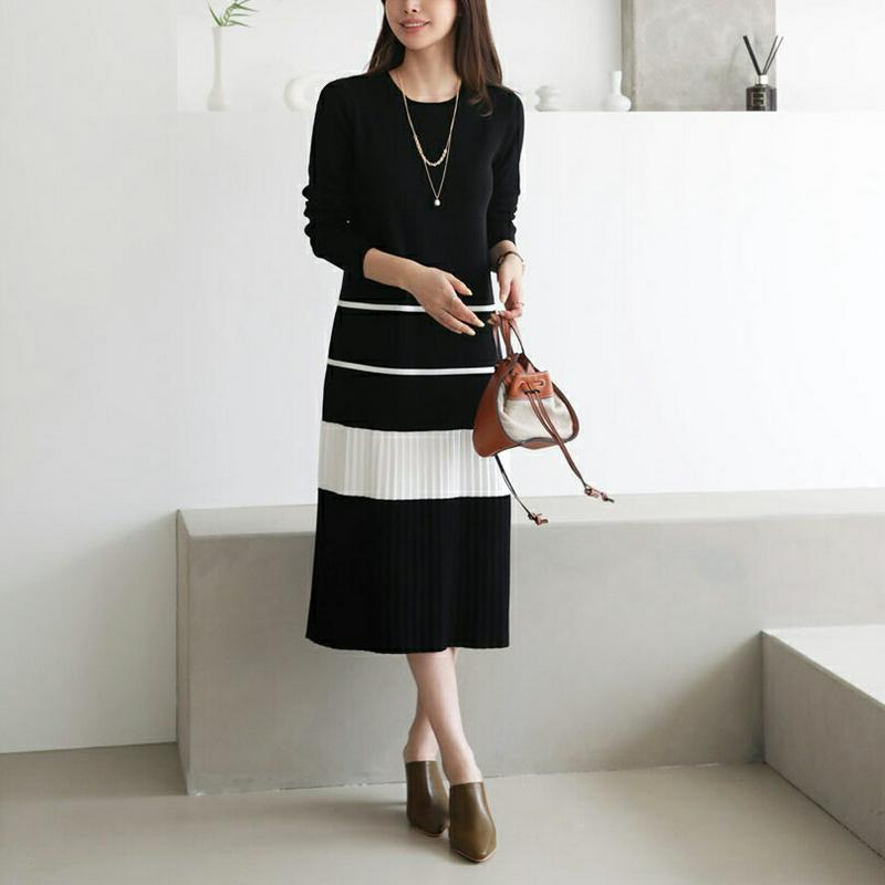 【新作10%OFF】ニット配色プリーツワンピース・全2色・b64206 レディース【ops】【韓国 ファッション ワンピース ロ