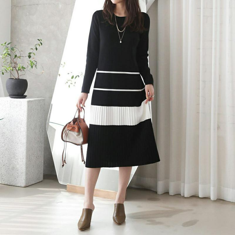 【新作10%OFF】ニット配色プリーツワンピース・全2色・b64206 レディース【ops】【韓国 ファッション ワンピース ロ
