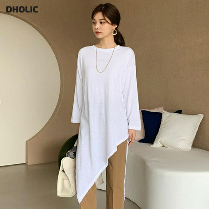 ダイアゴナルロングTシャツ・全3色・b64197 レディース【tops】【韓国 ファッション トップス Tシャツ ロング ロンT ダイアゴナル アンバランス ロングスリーブ 長袖 ラウンドネック シンプル ゆったり 単色 無地 ロング丈 春 秋】【ハイホリHIHOLLI】