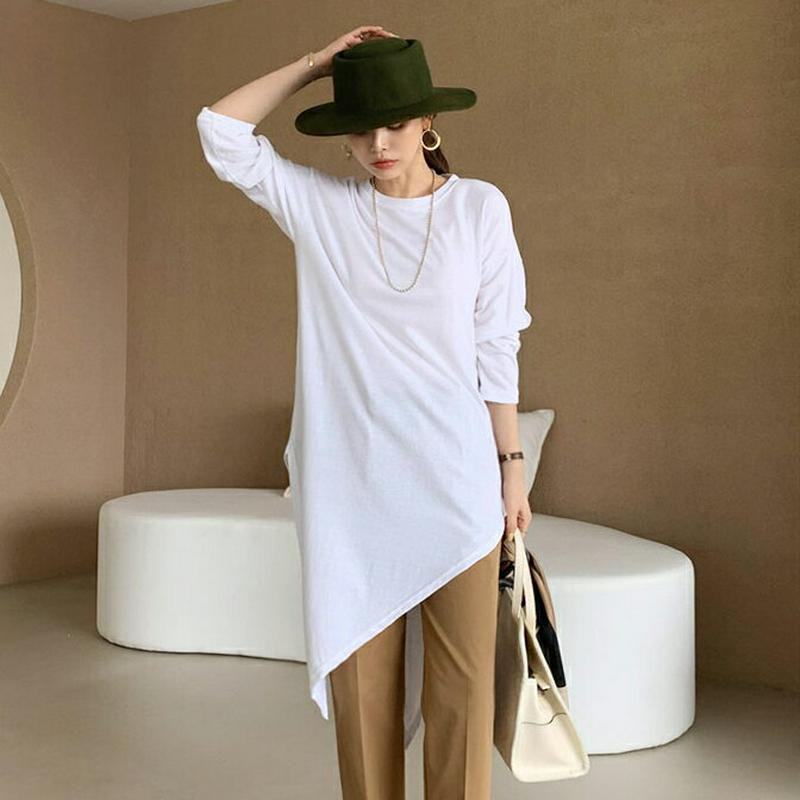 ダイアゴナルロングTシャツ・全3色・b64197 レディース【tops】【韓国 ファッション トップス Tシャツ ロング ロンT ダイアゴナル アンバランス ロングスリーブ 長袖 ラウンドネック シンプル ゆったり 単色 無地 ロング丈 春 秋】【ハイホリHIHOLLI】