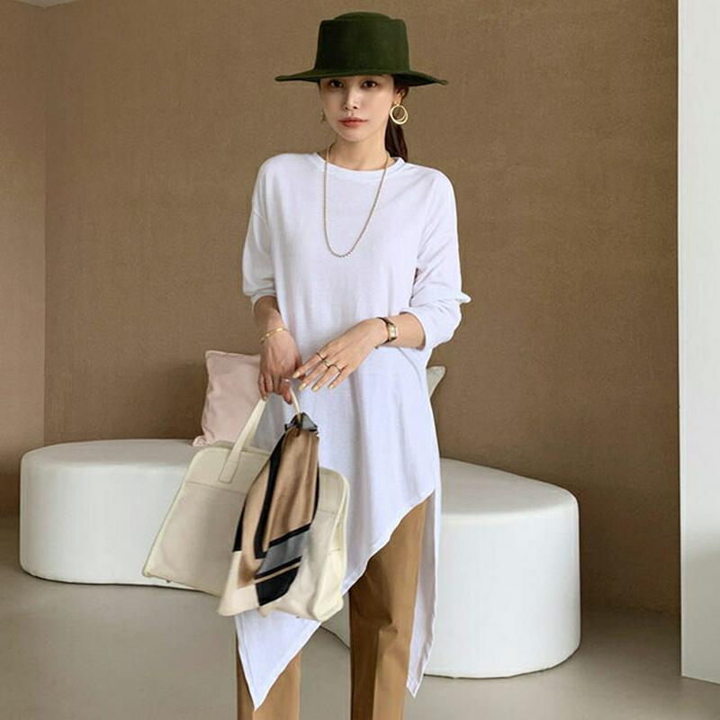 ダイアゴナルロングTシャツ・全3色・b64197 レディース【tops】【韓国 ファッション トップス Tシャツ ロング ロンT ダイアゴナル アンバランス ロングスリーブ 長袖 ラウンドネック シンプル ゆったり 単色 無地 ロング丈 春 秋】【ハイホリHIHOLLI】