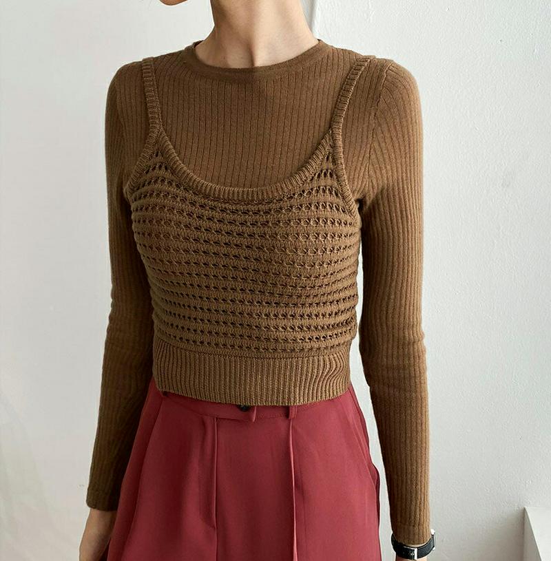 【全品10%OFF】シアースリーブレス&ニットSET・全3色・e56879 レディース【tops】【韓国 ファッション トップス ニット ニットトップス スリーブレス セット セット商品 シアー パンチング 透け感 クロップド丈 ラウンドネック 長袖 スリム リブ シンプル 秋】