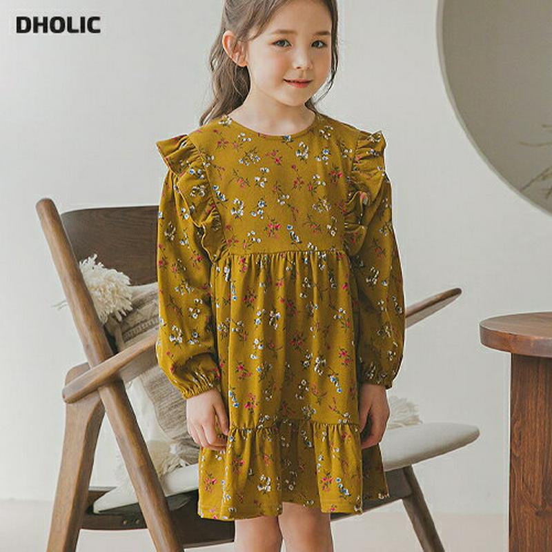 フリルショルダー花柄ワンピース・p006033 キッズ【3~8才】【ops】【ワンピース ミディ丈 ミディワンピース 長袖 花柄 フラワー フリル 可愛い かわいい フェミニン 春 秋 女の子 韓国 韓国子供服 子供 こども 子供服 こども服】【KIDS】