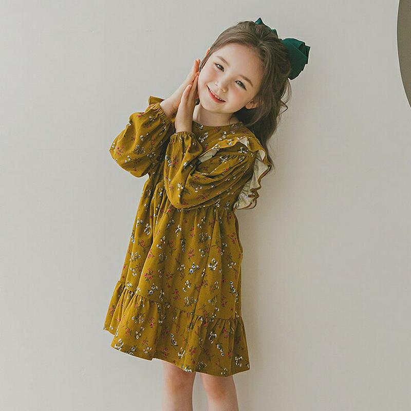 フリルショルダー花柄ワンピース・p006033 キッズ【3~8才】【ops】【ワンピース ミディ丈 ミディワンピース 長袖 花柄 フラワー フリル 可愛い かわいい フェミニン 春 秋 女の子 韓国 韓国子供服 子供 こども 子供服 こども服】【KIDS】