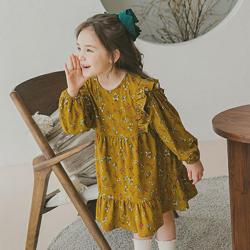 フリルショルダー花柄ワンピース・p006033 キッズ【3~8才】【ops】【ワンピース ミディ丈 ミディワンピース 長袖 花柄 フラワー フリル 可愛い かわいい フェミニン 春 秋 女の子 韓国 韓国子供服 子供 こども 子供服 こども服】【KIDS】