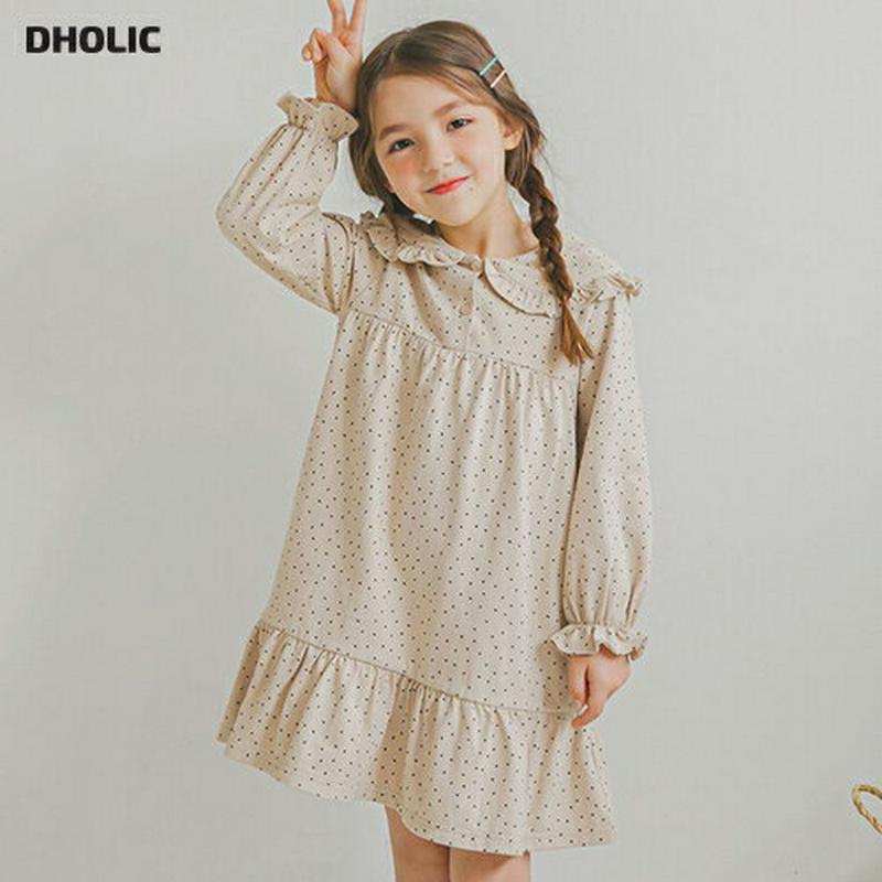 フリルラウンドカラードットワンピース・p006030 キッズ【3~8才】【ops】【ワンピース ミディ丈 ミディワンピース 長袖 ドット 柄 フリル 可愛い かわいい ガーリー 女の子 春 秋 韓国 韓国子供服 子供 こども 子供服 こども服】【KIDS】