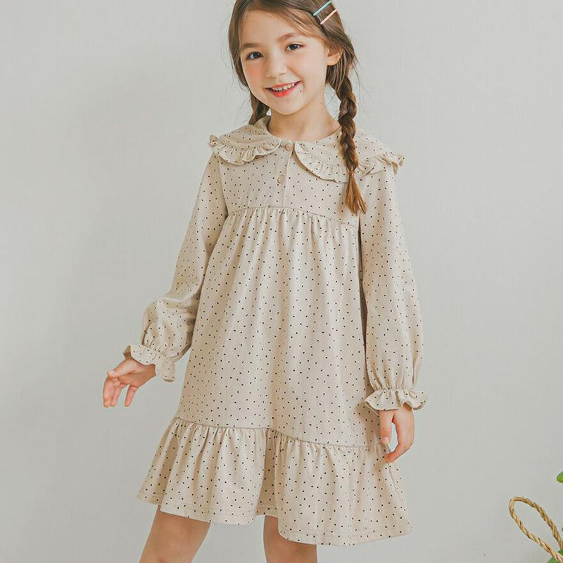 フリルラウンドカラードットワンピース・p006030 キッズ【3~8才】【ops】【ワンピース ミディ丈 ミディワンピース 長袖 ドット 柄 フリル 可愛い かわいい ガーリー 女の子 春 秋 韓国 韓国子供服 子供 こども 子供服 こども服】【KIDS】