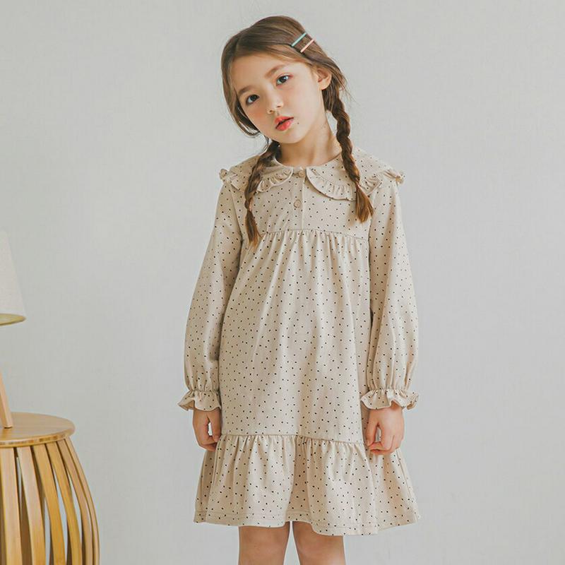 フリルラウンドカラードットワンピース・p006030 キッズ【3~8才】【ops】【ワンピース ミディ丈 ミディワンピース 長袖 ドット 柄 フリル 可愛い かわいい ガーリー 女の子 春 秋 韓国 韓国子供服 子供 こども 子供服 こども服】【KIDS】