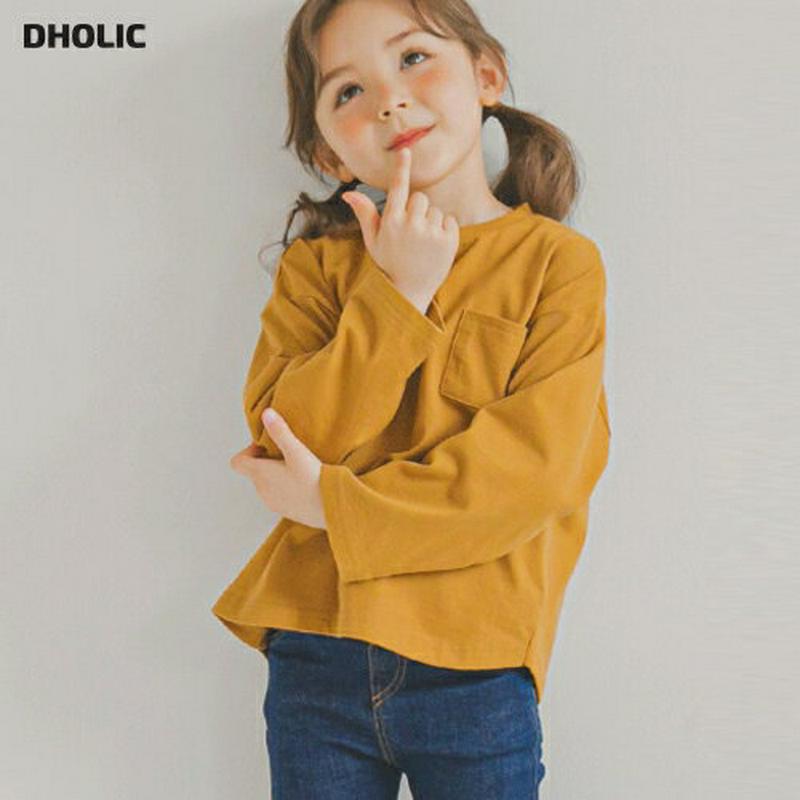長袖ポケットTシャツ(マスタード)・p005761 キッズ【3~8才】【tops】【トップス Tシャツ 長袖 ロンT 単色 無地 無地T シンプル カジュアル ベーシック ポケット 黄色 春 秋 女の子 男の子 韓国 韓国子供服 子供 こども 子供服 こども服】【KIDS】