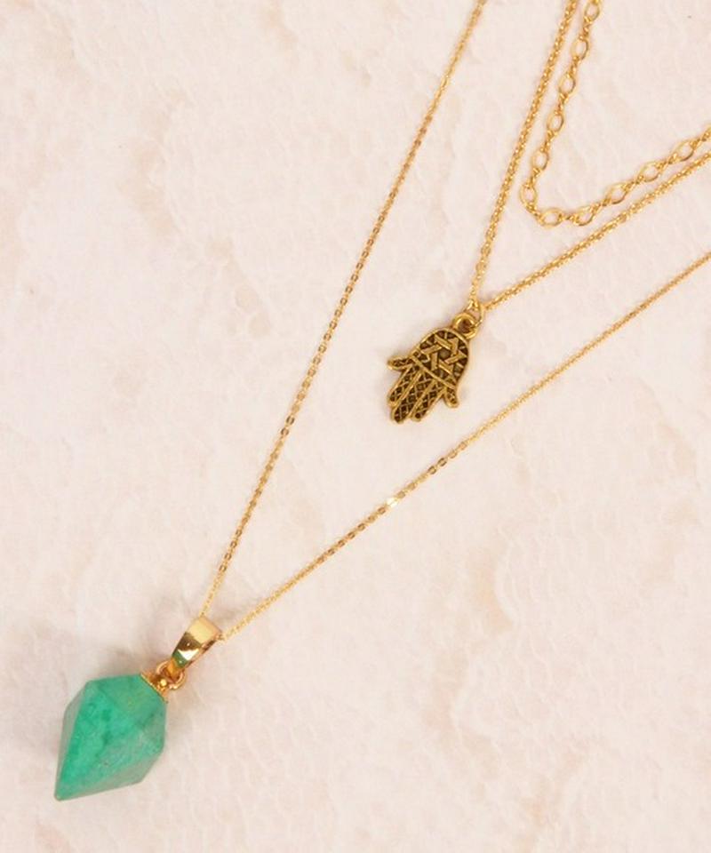 【こなれ感レイヤード】ターコイズ×ハムサハンドネックレス(1点もの)