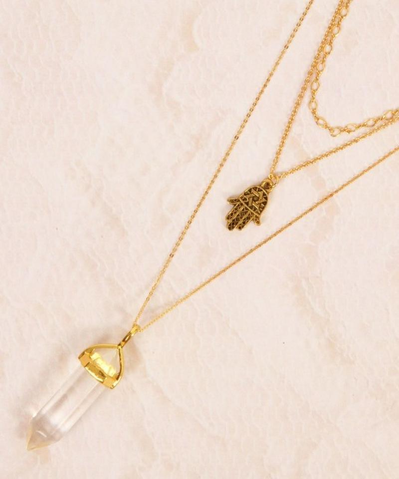 【こなれ感レイヤード】クリスタルバー×ハムサハンドネックレス(1点もの)