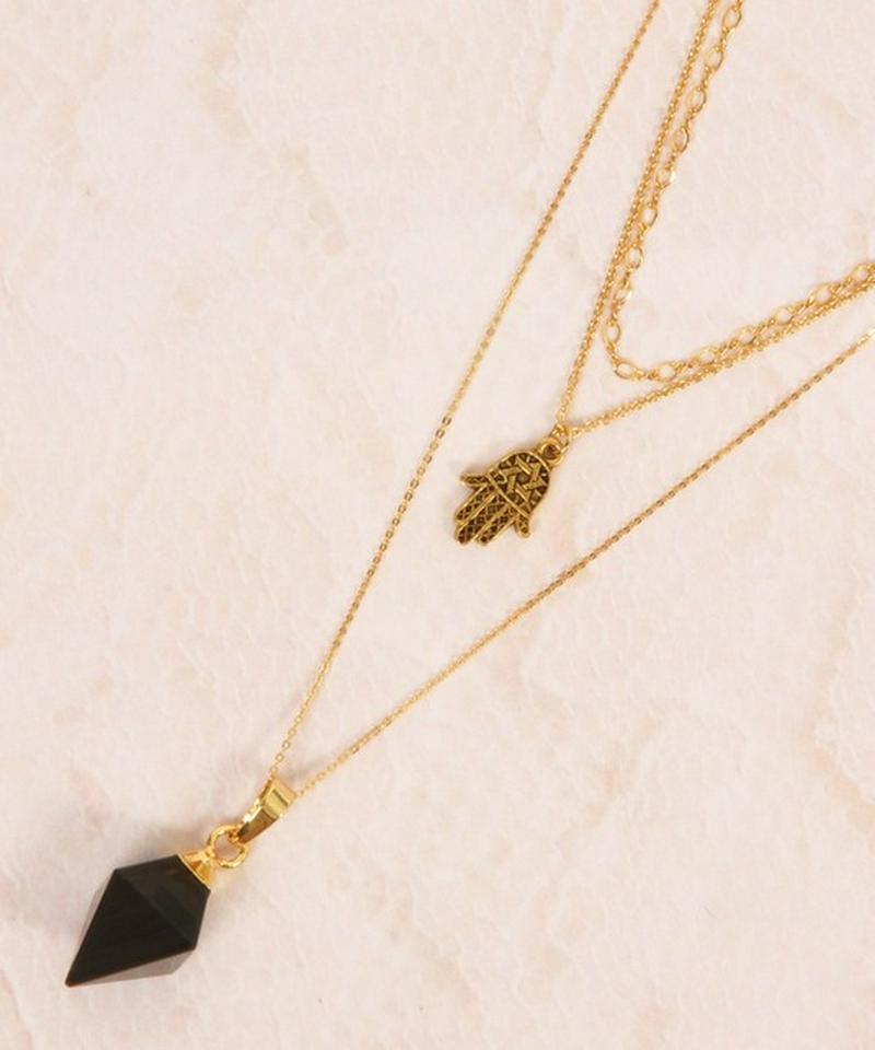 【こなれ感レイヤード】オニキス×ハムサハンドネックレス(1点もの)