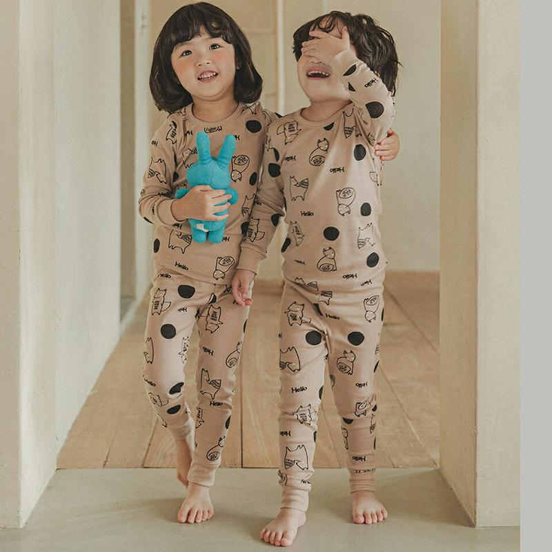 Hello foxルームウェアSET(ベージュ)・p005871 キッズ【3~8才】【uw】【パジャマ ルームウェア 部屋着 トップス 長袖 ズボン パンツ きつね キツネ 動物 女の子 男の子 かわいい 韓国 韓国子供服 子供 こども 子供服 こども服】【KIDS】