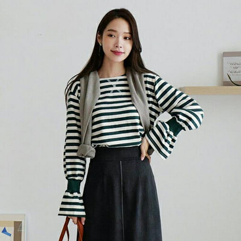 【新作10%OFF】ボーダーベルスリーブTシャツ・全3色・t64160 レディース【tops】【韓国 ファッション トップス T