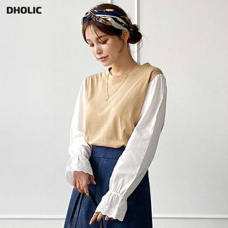 【新作10%OFF】スリーブコントラストTシャツ・全3色・b64165 レディース【tops】【韓国 ファッション トップス T
