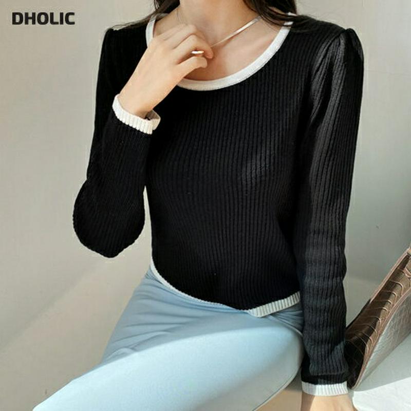 ≪人気商品再入荷≫リブ配色クロップドニット・全4色・t55824 レディース【tops】 韓国ファッション トップス ニット ニットトップス 長袖 ロングスリーブ ラウンドネック リブ リブニット 配色 クロップド丈 クロップド 短丈 無地 シンプル カジュアル 秋