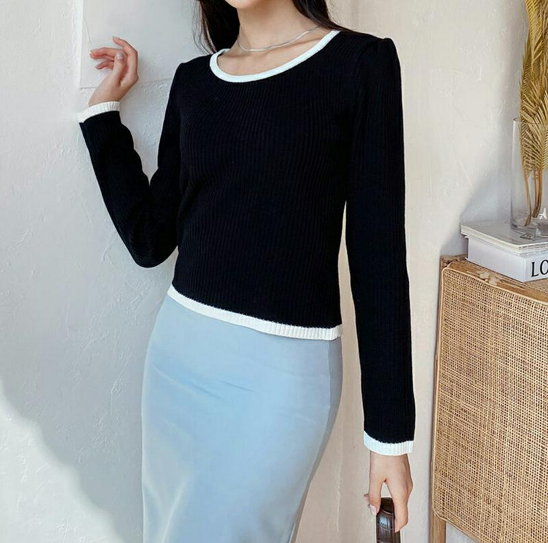 ≪人気商品再入荷≫リブ配色クロップドニット・全4色・t55824 レディース【tops】 韓国ファッション トップス ニット ニットトップス 長袖 ロングスリーブ ラウンドネック リブ リブニット 配色 クロップド丈 クロップド 短丈 無地 シンプル カジュアル 秋