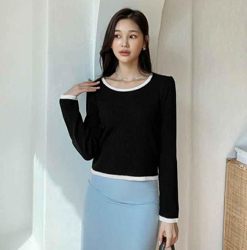 ≪人気商品再入荷≫リブ配色クロップドニット・全4色・t55824 レディース【tops】 韓国ファッション トップス ニット ニットトップス 長袖 ロングスリーブ ラウンドネック リブ リブニット 配色 クロップド丈 クロップド 短丈 無地 シンプル カジュアル 秋