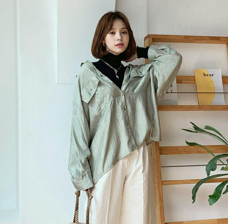 【新作10%OFF】サテンポケットシャツ・全3色・t55862 レディース【bl】【韓国 ファッション トップス シャツ ロング