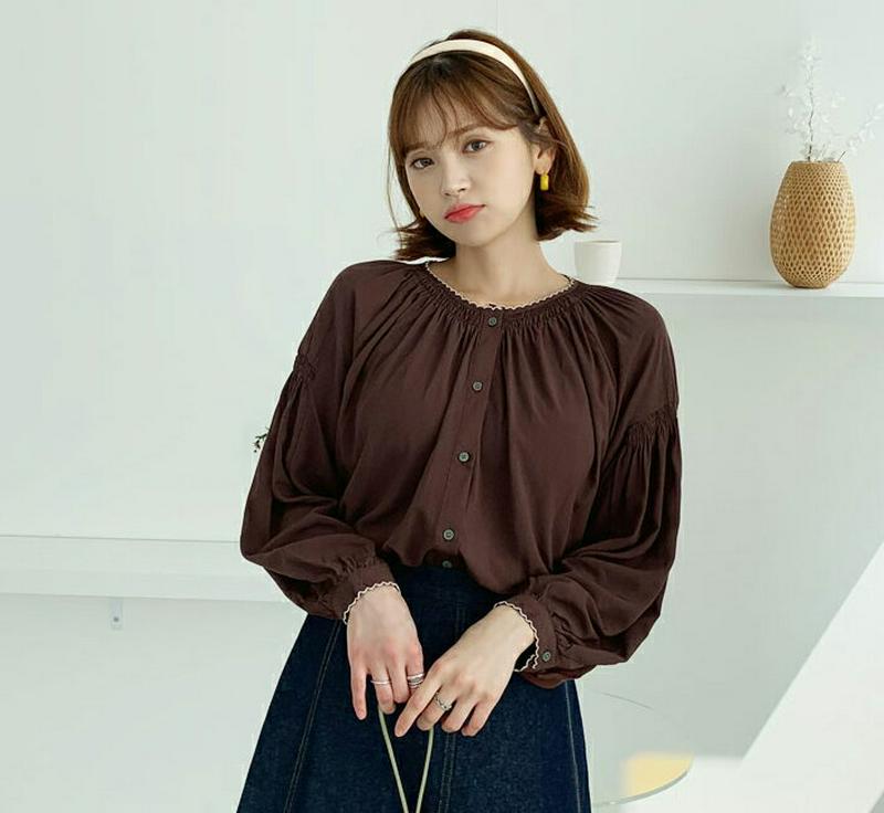 【新作10%OFF】刺繍シャーリングボタンブラウス・全3色・b60923 レディース【bl】【韓国 ファッション トップス ブラ