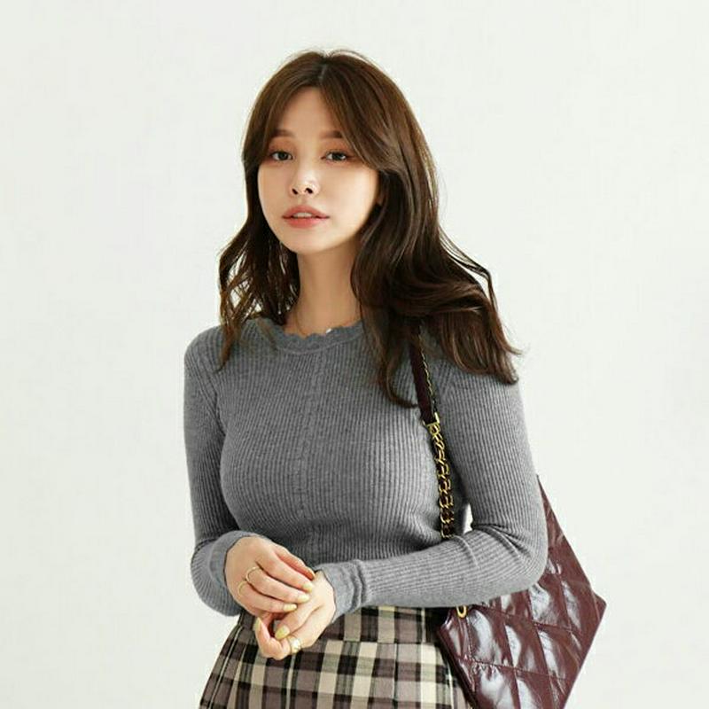 【新作10%OFF】スカラップスリムリブニット・全3色・b64146 レディース【tops】【韓国 ファッション トップス ニッ